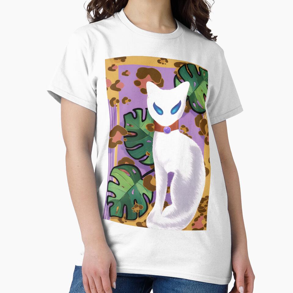 Mystic White Cat with Monstera Leaves by Artondra Hall