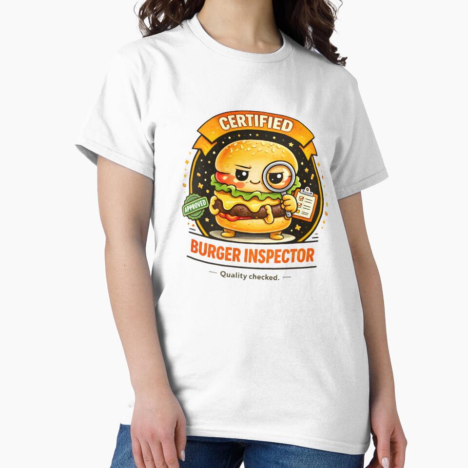 Certified Burger Inspector – Funny Burger Mascot Food Humor Design by Snackwear Apparel