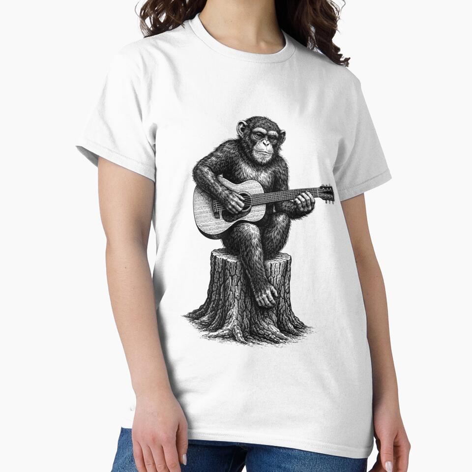 Realistic Monkey Playing Guitar – Black and White Engraving Illustration by PrintoraSpirit