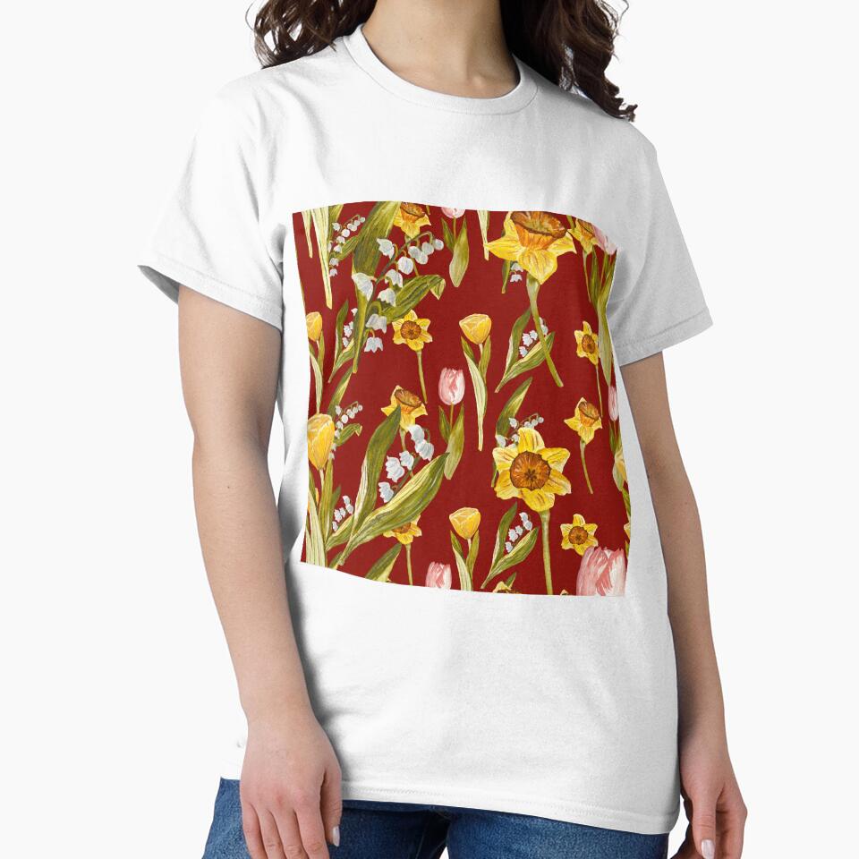 Daffodil tulip snowdrop Easter an ornate pattern red by Yana Mustafina | Boho Soulful Designs