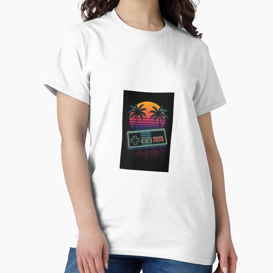 “retro gaming controller with 80s sunset background, neon colors, palm trees, vaporwave style, vintage design, distressed texture, t-shirt graphic, high resolution” by piyushpr7
