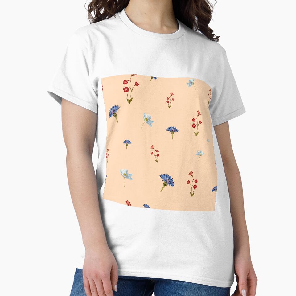 Flower blue red daisy seamless watercolor pattern peach by Yana Mustafina | Boho Soulful Designs