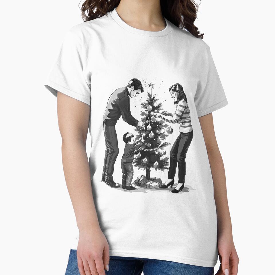 Family Decorating Christmas Tree – Black and White Holiday Illustration by inkoutninja