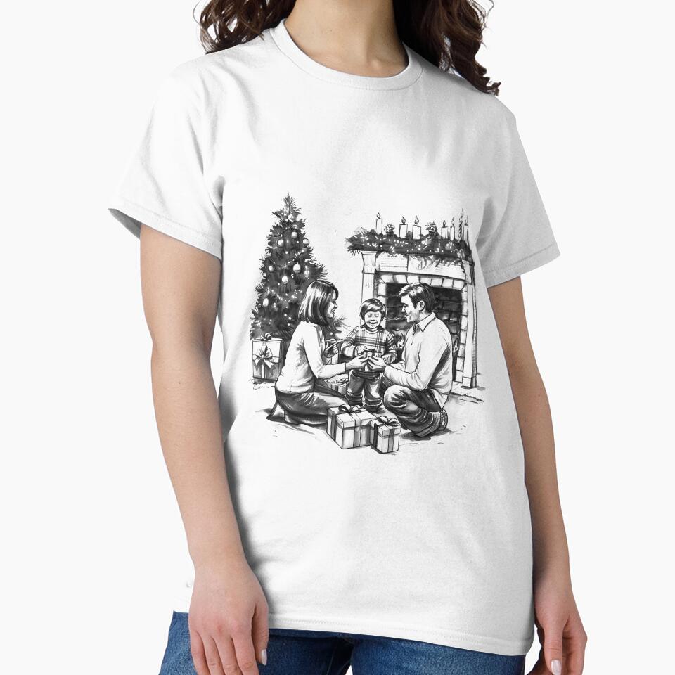 Cozy Family Christmas Morning – Black and White Holiday Illustration by inkoutninja