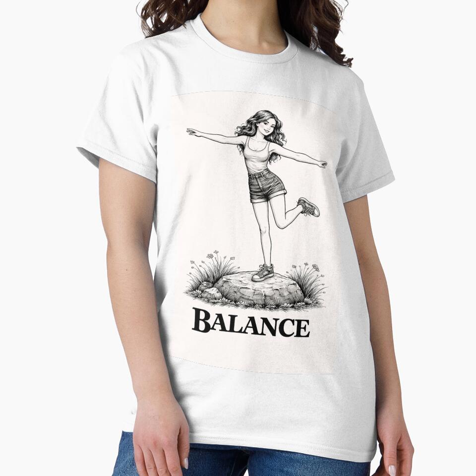 Balance Aesthetic Vintage Girl Black and White Minimalist Retro 70s Graphic Tee Design by VINTAGEPUNTEES