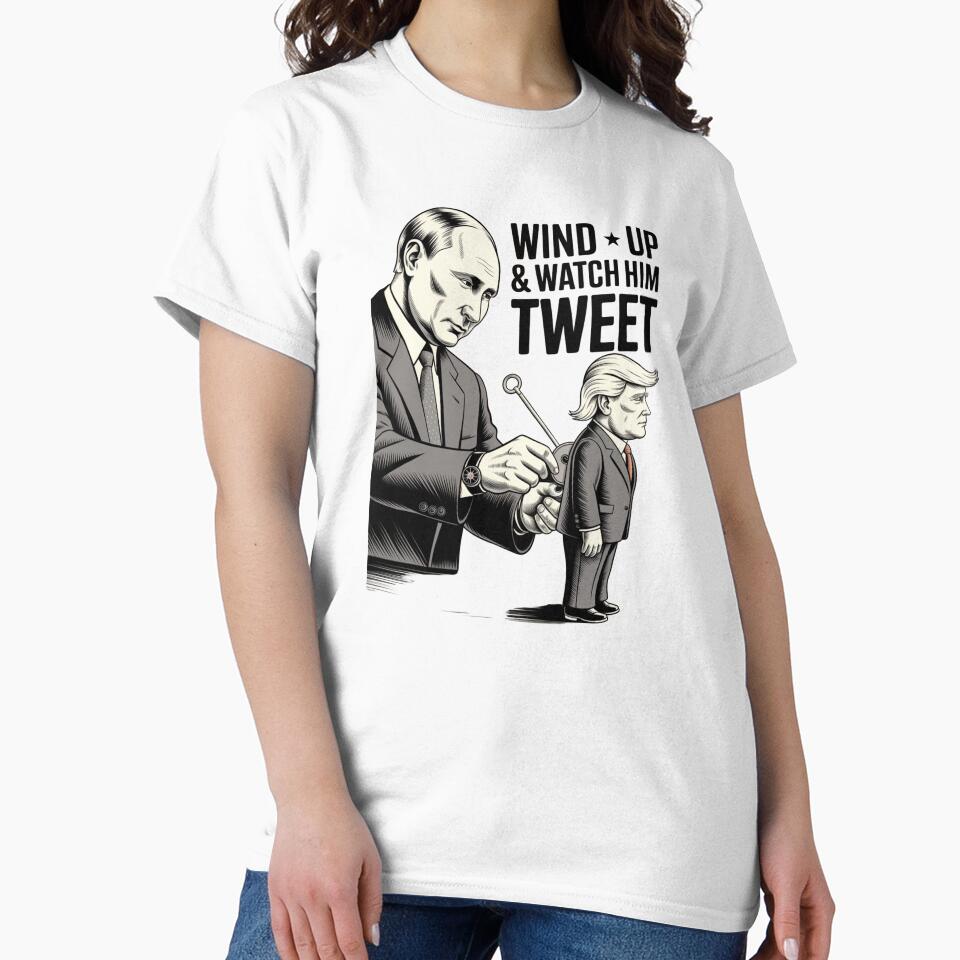 "Wind Up & Watch Him Tweet – Anti-Trump Putin Puppet Political Cartoon T-Shirt" by COWELLM