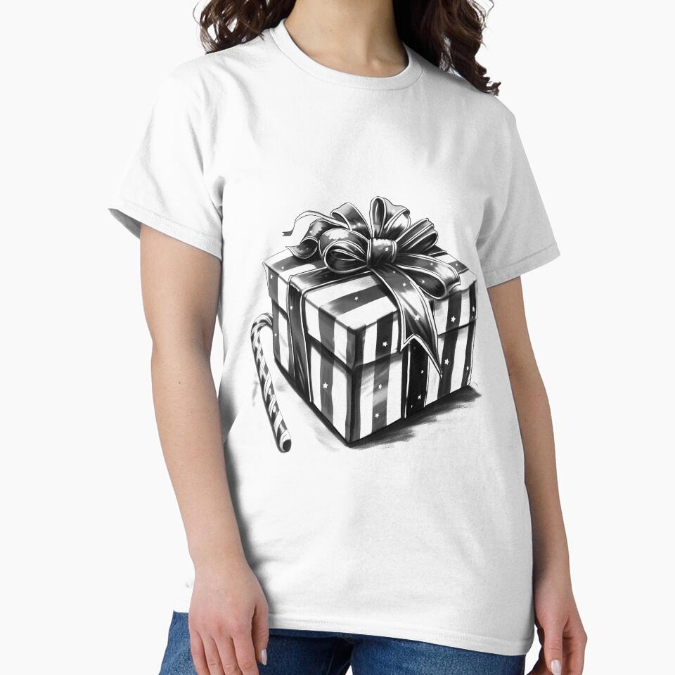 Striped Christmas Gift with Candy Cane – Black and White Holiday Illustration by inkoutninja