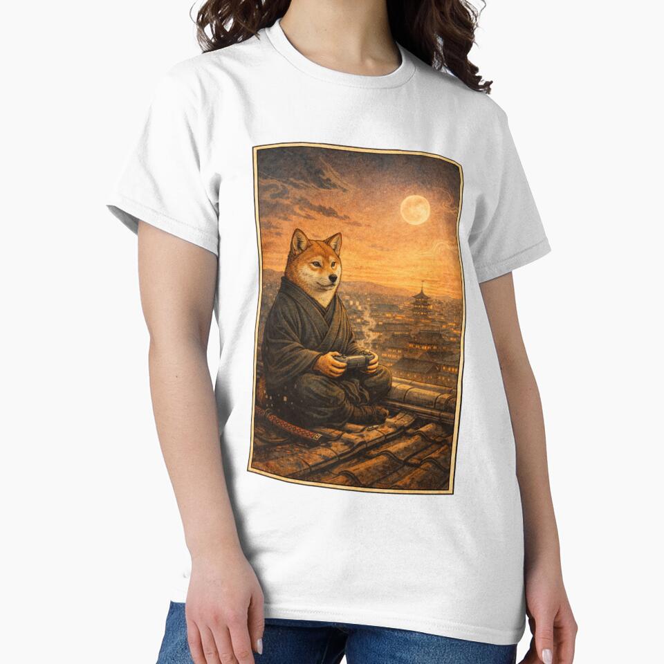 Zen Gamer Under the Moon – Samurai Shiba Inu Gaming Art by VireonTees