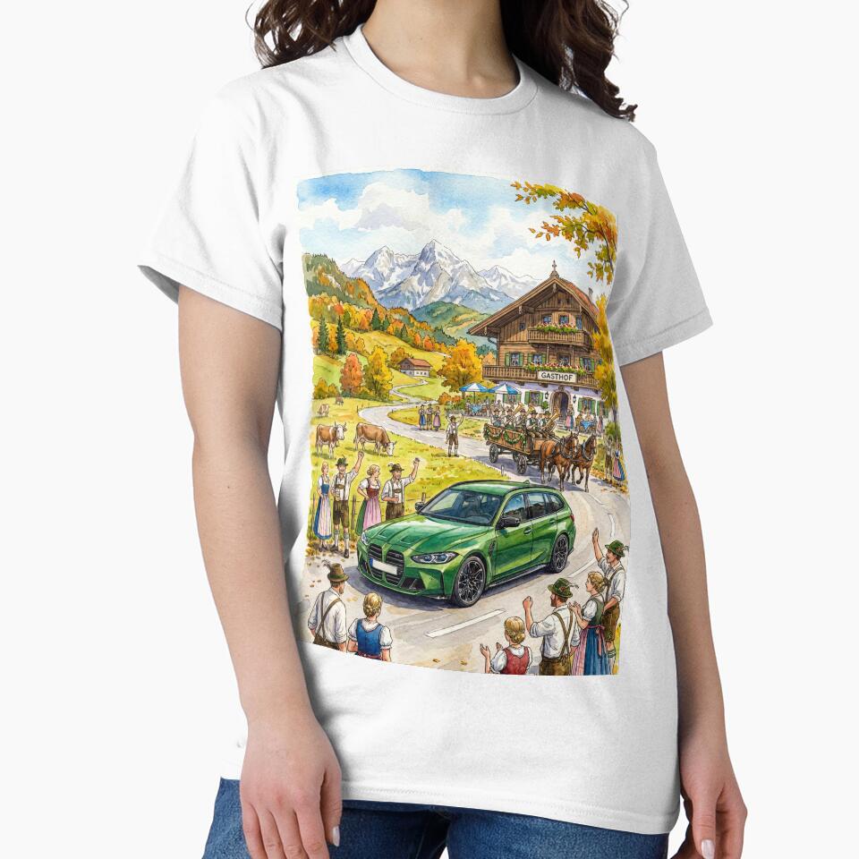 Modern touring car passing a festive mountain inn by RevUpDesign