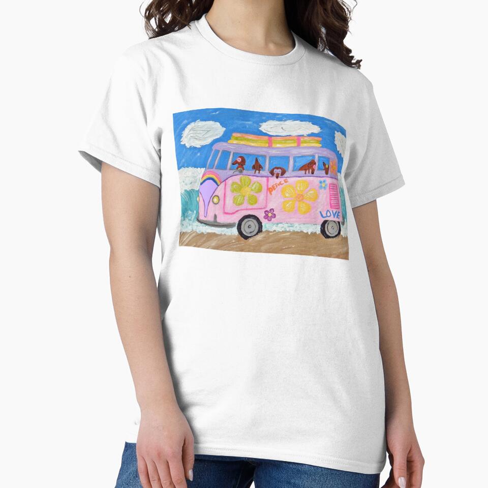 Dachshunds in Hippie Flower Child Van at the Beach by Squirreldumplings