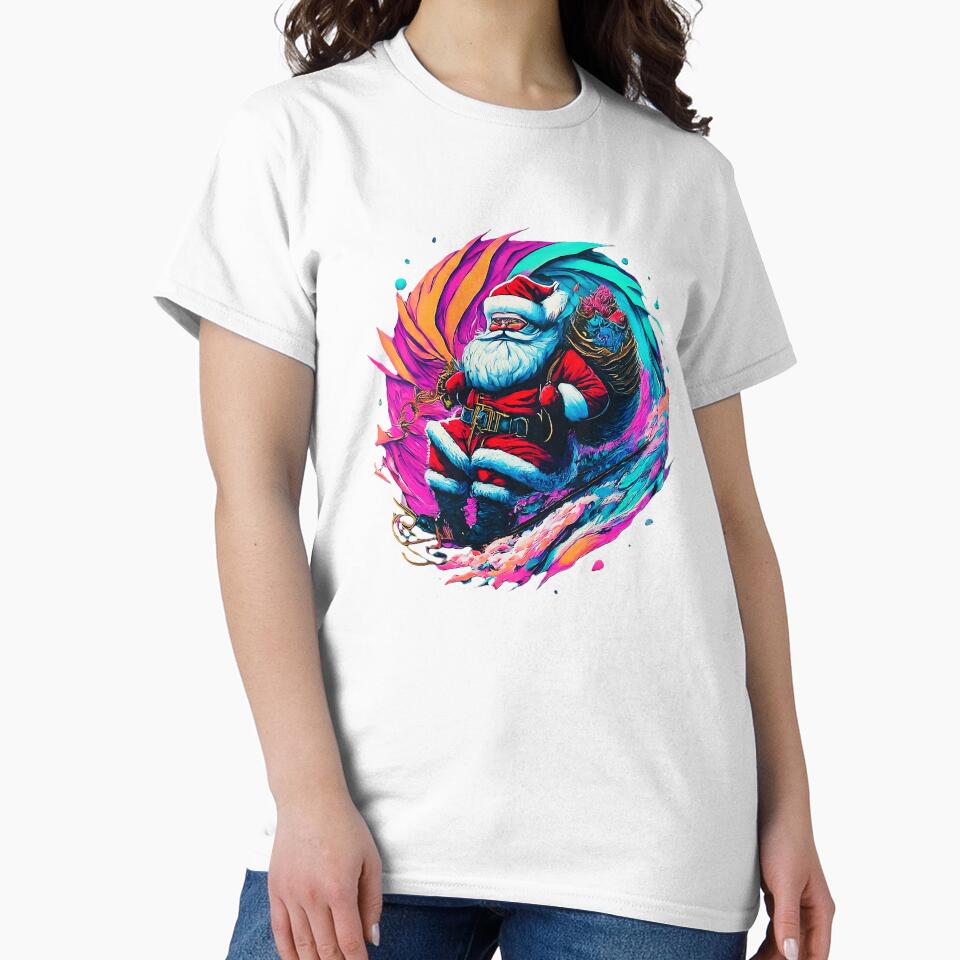 Vibrant Santa Claus design , Santa riding the cosmic wave , Colorful and fun festive , Unique Christmas gift by Indyadizine