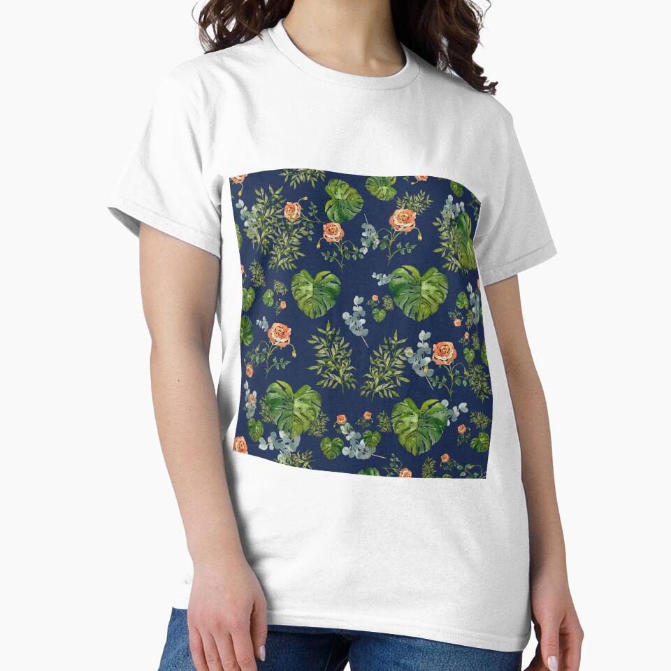 Rose flower palm leaf branch pattern watercolor indigo by Yana Mustafina | Boho Soulful Designs