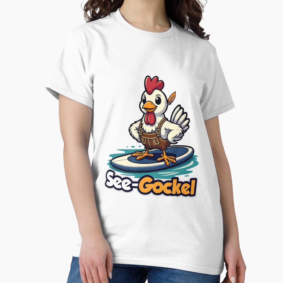 Bavarian Surf Rooster – Funny Lake Life – Alpine Surfer Chicken by KerstlOnTheWing