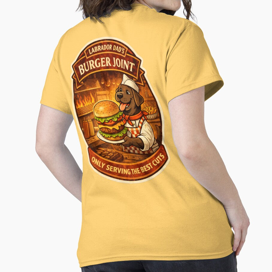 Labrador Dad's Burger Joint | Chocolate Lab Chef Vintage Badge | Funny Dog Burger Lover Gift by PawPrintCustom