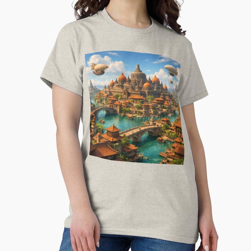 Fantasy Java Sky City – Magical Island Cityscape Wall Art with Airships by Spiritveil