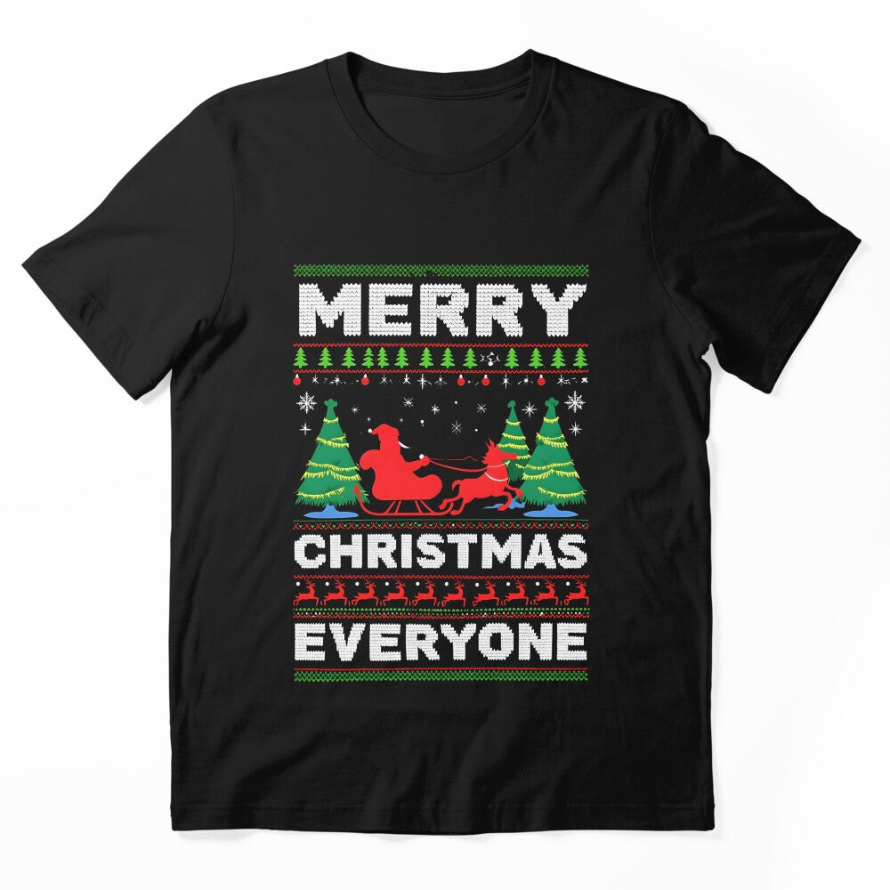 Merry Christmas Everyone Ugly Sweater Santa Reindeer T-Shirt by FestivityFinds