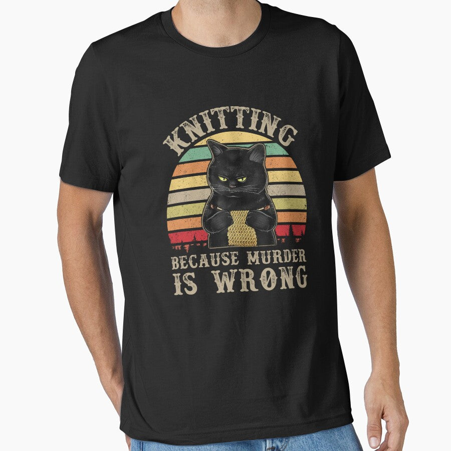 Knitting Because Murder Is Wrong Black Cat Knitter Crocheter Vintage Retro Sunset by Unicorny-Design