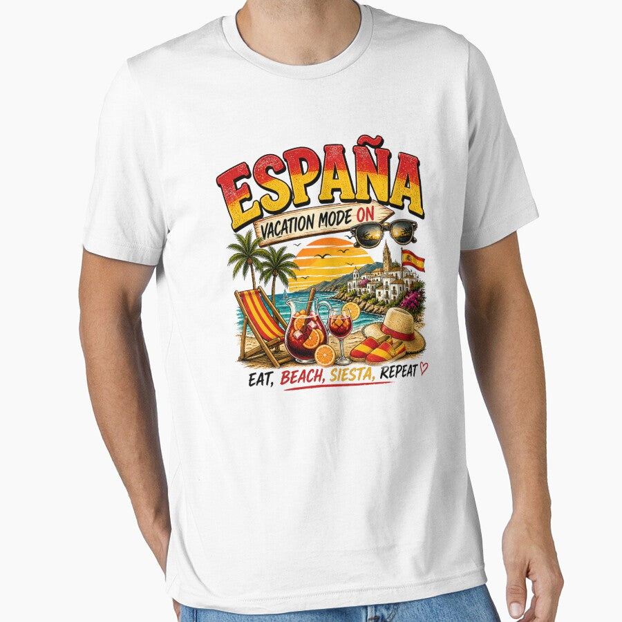 Spain Vacation Mode On T Shirt Eat Beach Siesta Repeat Funny Holiday Spain Tee by PetsSounds
