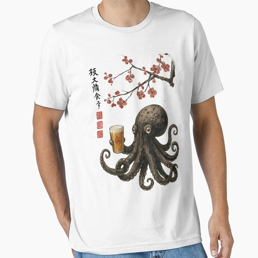 Octopus with Beer – Japanese Ink Art Style Design by Arcaucil