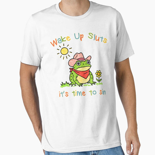 Wake up it's time to sin, funny cowboy frog meme by CARBONARA LLC.