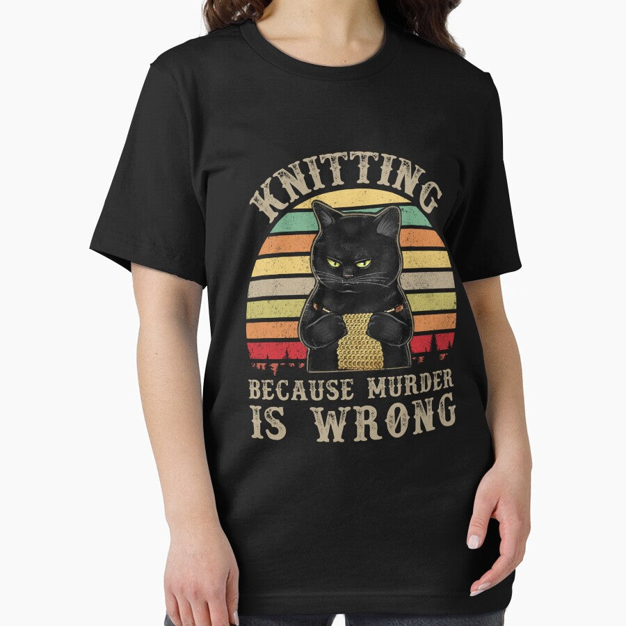 Knitting Because Murder Is Wrong Black Cat Knitter Crocheter Vintage Retro Sunset by Unicorny-Design