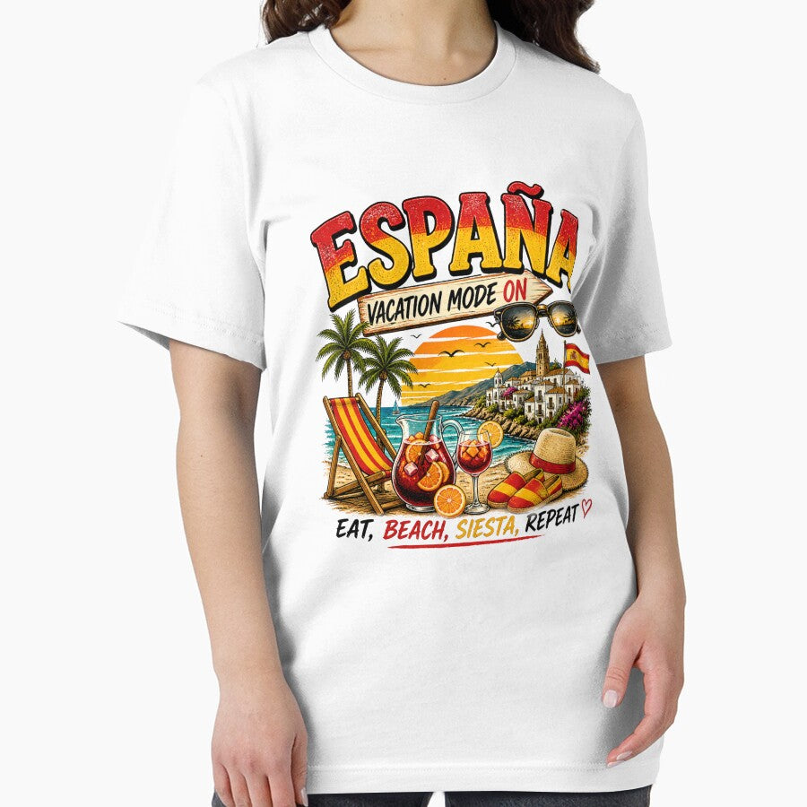 Spain Vacation Mode On T Shirt Eat Beach Siesta Repeat Funny Holiday Spain Tee by PetsSounds