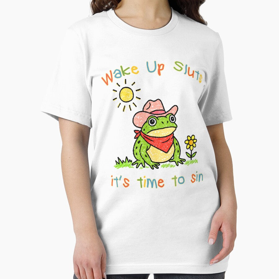 Wake up it's time to sin, funny cowboy frog meme by CARBONARA LLC.