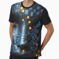 Cyberpunk AI Face Portrait – Blue Eyes Tech Mosaic with Glowing Neon Pixels by Kaleidoscope Print