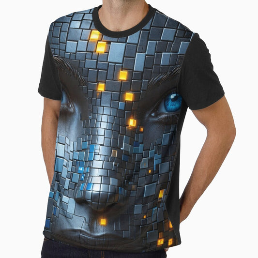 Cyberpunk AI Face Portrait – Blue Eyes Tech Mosaic with Glowing Neon Pixels by Kaleidoscope Print