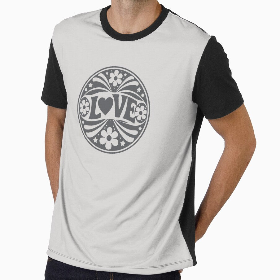 Retro Love Groovy Floral Circle Gray | 70s Hippie Love Badge Design by GinColorist
