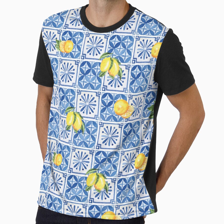 Mediterranean Tile & Lemon Pattern – Blue & White Coastal Design by Soronelite