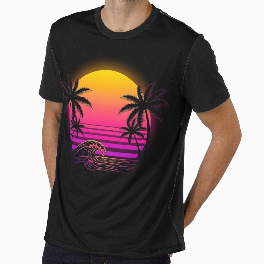 Retro Sunset Wave Vaporwave Aesthetic 80s Neon Beach T-Shirt by SLDavincy