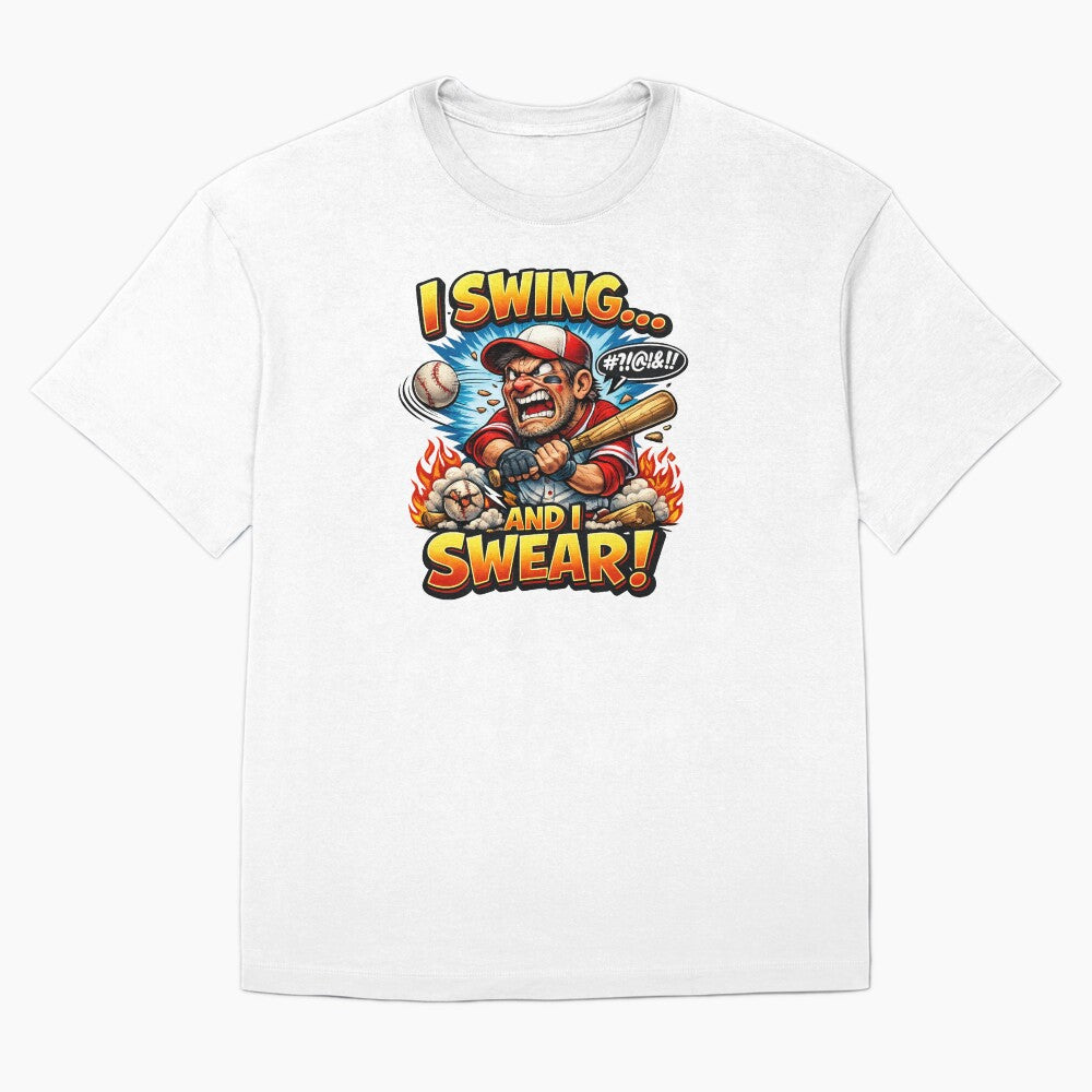 I Swing... And I Swear! Funny Baseball T-Shirt | Angry Baseball Player Graphic Tee | Baseball Humor Gift for Players & Fans by Sushikidsntoddlers