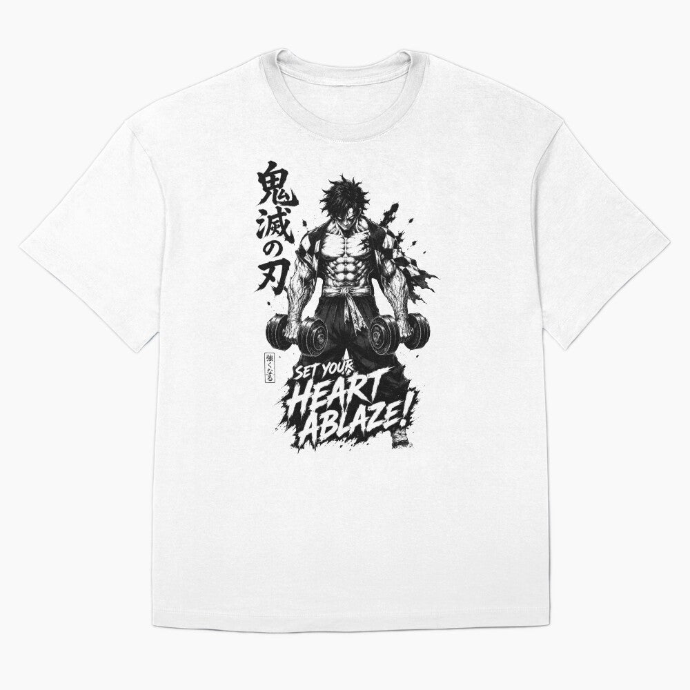 Set Your Heart Ablaze Gym Warrior | Manga Fitness Streetwear Anime Workout T-Shirt by Iron Instinct