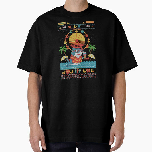 Pixel Knitted Style Ferris Wheel by the Sea – Retro Sweater Design with Shark Drinking by PunkVerseStudio