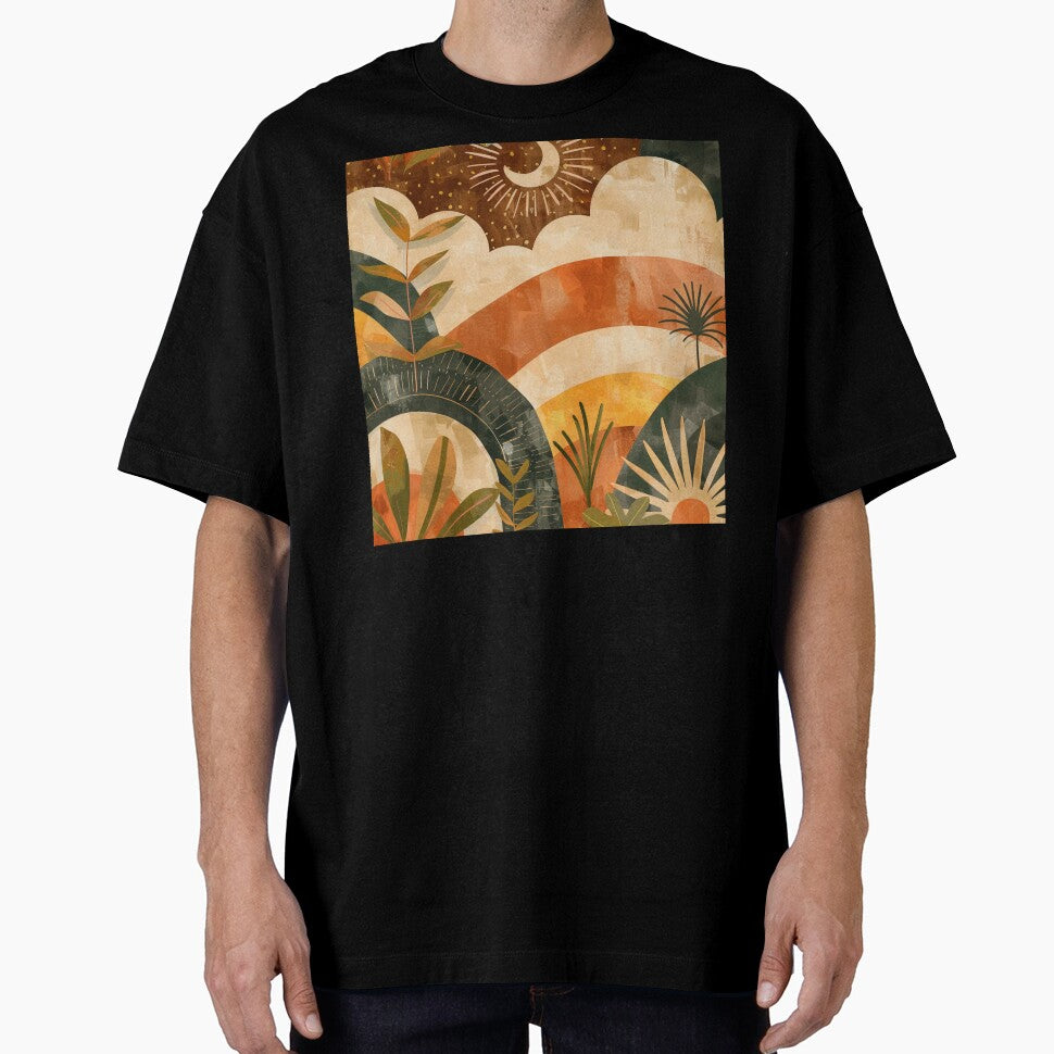 Boho Earthtones, Green, Orange, And Yellow Sunset Landscape by DEC02