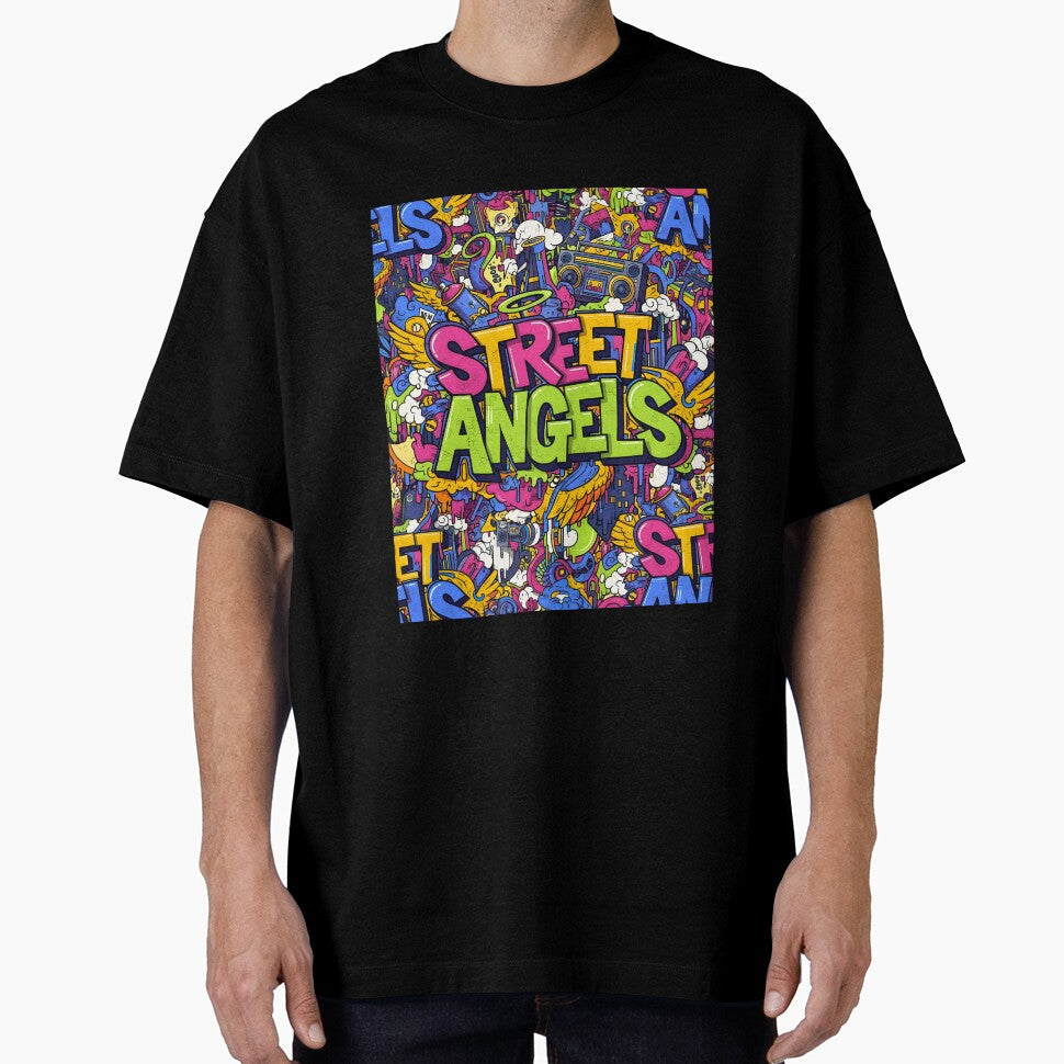 Street Angels: Vibrant Urban Graffiti Doodle Pattern with Boombox and Halo by VibranPalette