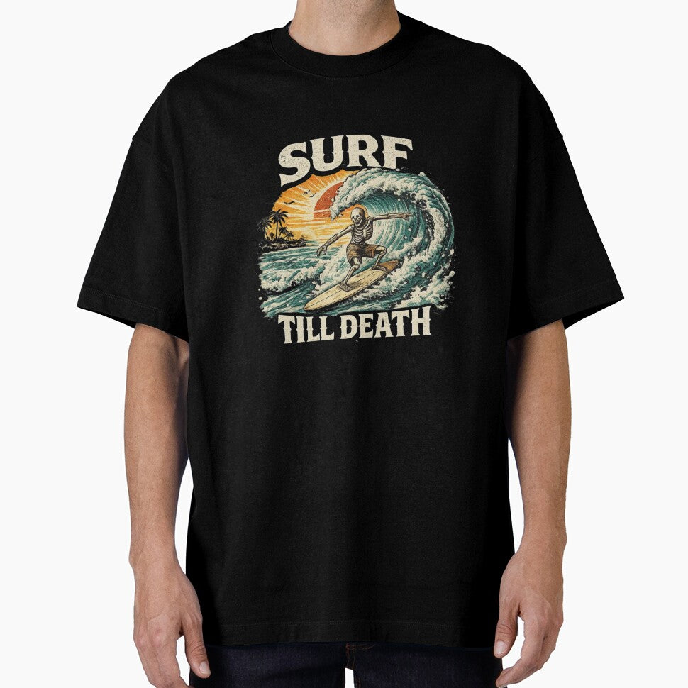 Surf Till Death – Skeleton Surfing Vintage Sunset Wave Surfer Graphic by HubCreates