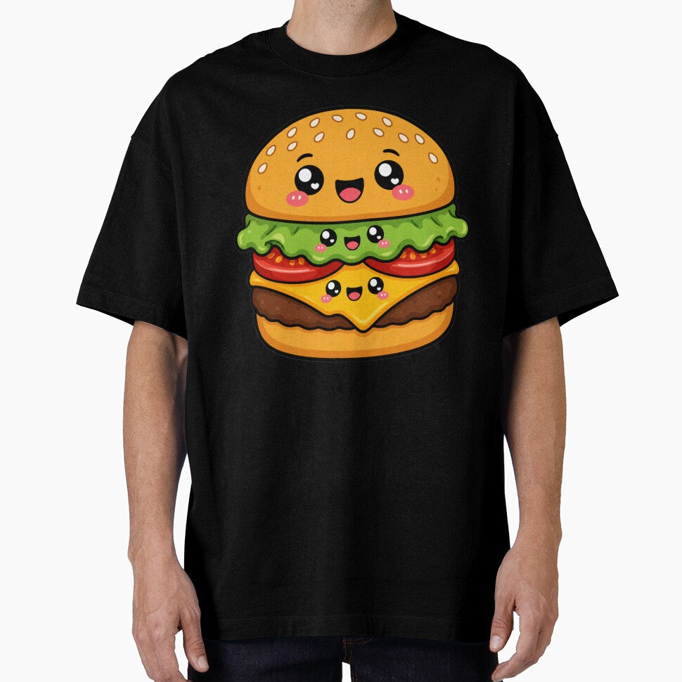 Kawaii Happy Burger Cartoon | Cute Cheeseburger Chibi Food Art by MonkeyVibe