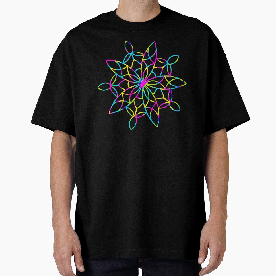Multicoloured mandala on black background by Starlett Designs