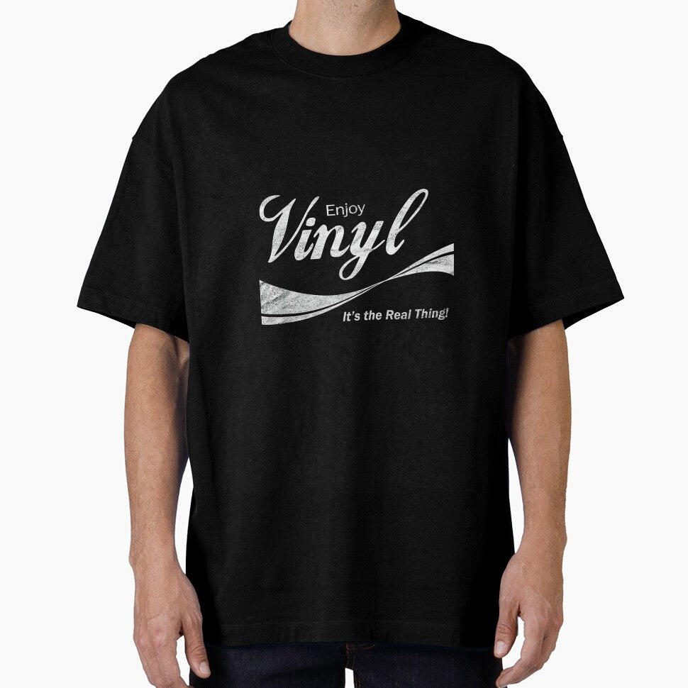 Enjoy Vinyl T-Shirt - It's the Real Thing! - Black - Unisex-Adults - Small - Classic Fit - Retro - Short Sleeve - Collarless - Round Neck - Solid Black - 100% Cotton by AlanYYoder