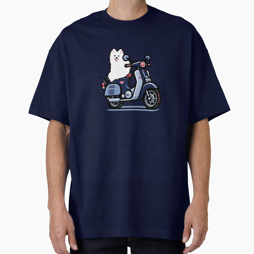 Cute Japanese Spitz Dog on a Super Cub Motorcycle Scooter by kamahachi