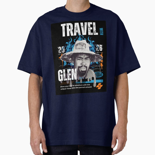 Travel With Glen V3 Blue bk-bg – Signature Travel Portrait Art | Adventure, Explorer & World Traveler Design by buycostarica
