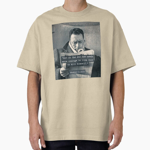 Albert Camus black and white portrait and quote: "But in the end one needs more courage to live than to kill himself." by artbleed