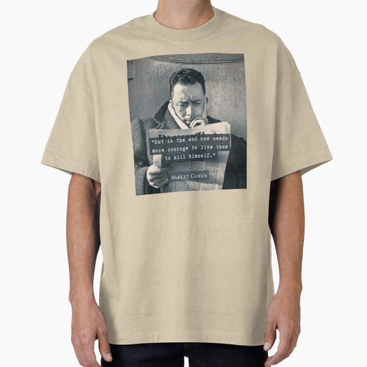 Albert Camus black and white portrait and quote: "But in the end one needs more courage to live than to kill himself." by artbleed