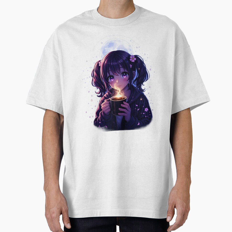 Cozy Night Anime Girl Coffee Moon Glow Aesthetic Design by WaveInkDesigns