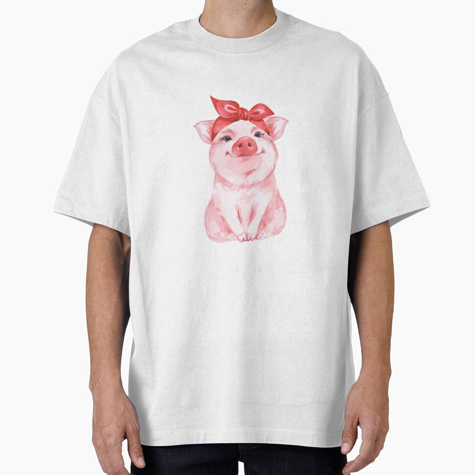 Cute Pig with Red Bow Headband | Hand-Painted Farm Animal Art by Gribanessa