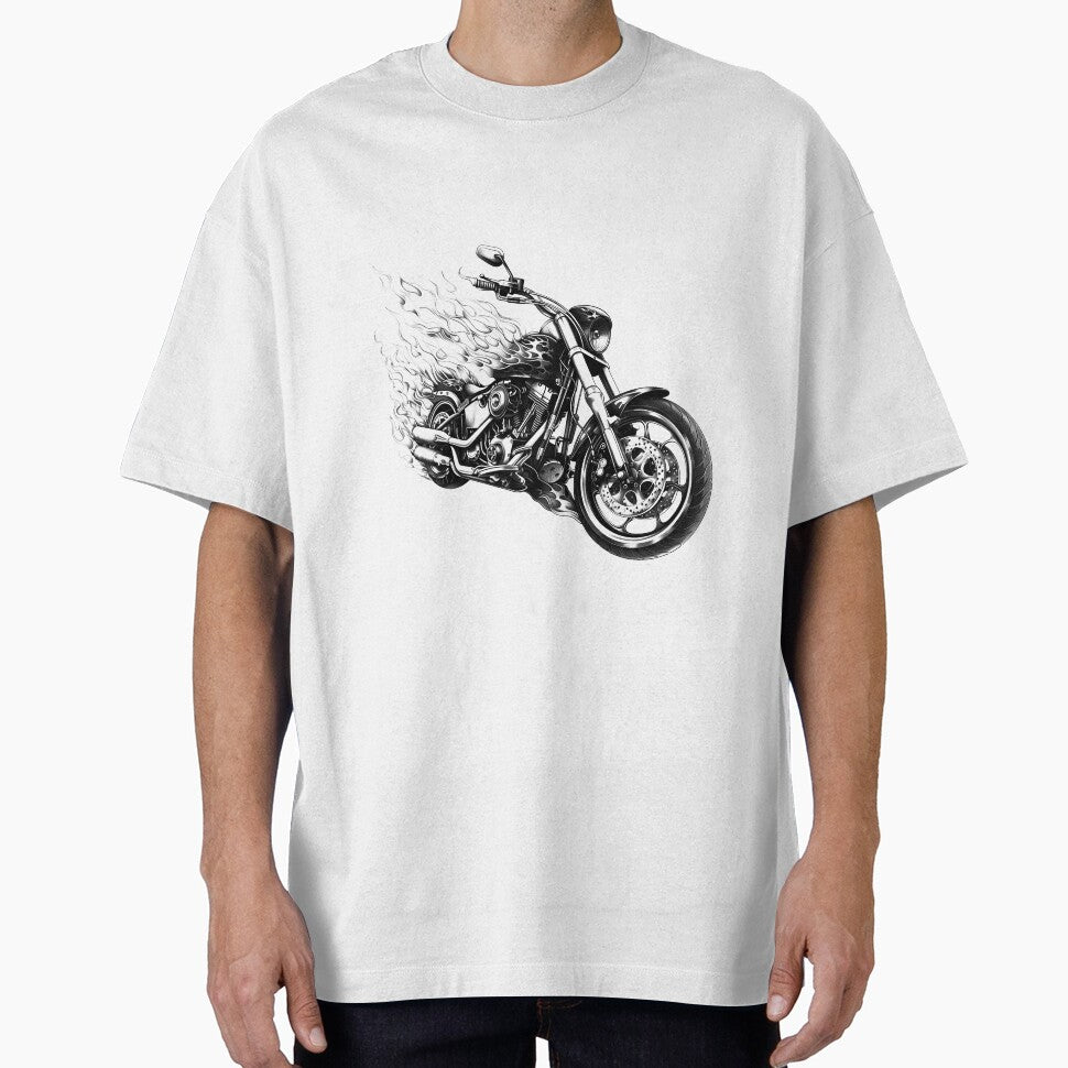 Flaming Chopper Motorcycle – Biker Hot Rod Flame Art (Black & White) by inkoutninja