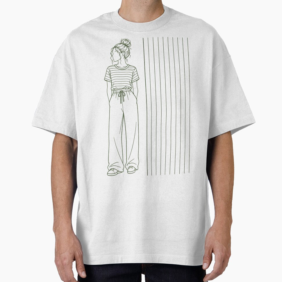 Minimalist Woman Line Art in Stripe Tee by SketchDreamer17