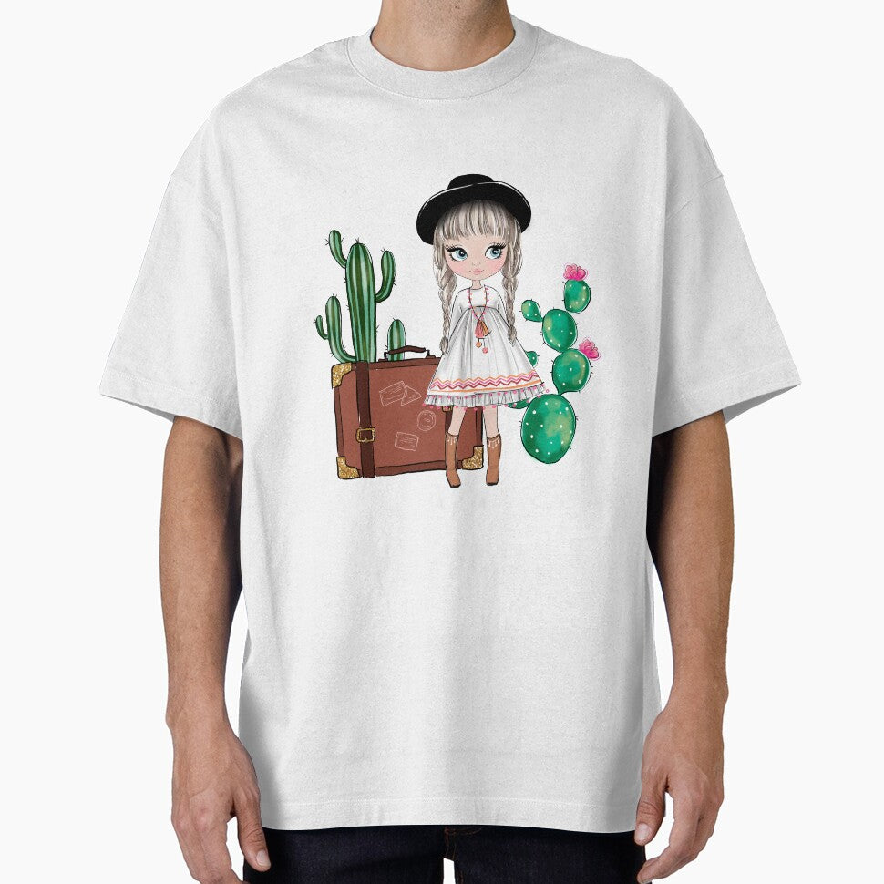 Boho style cute girl with cactus girly illustration 2 by Lalanacliparts